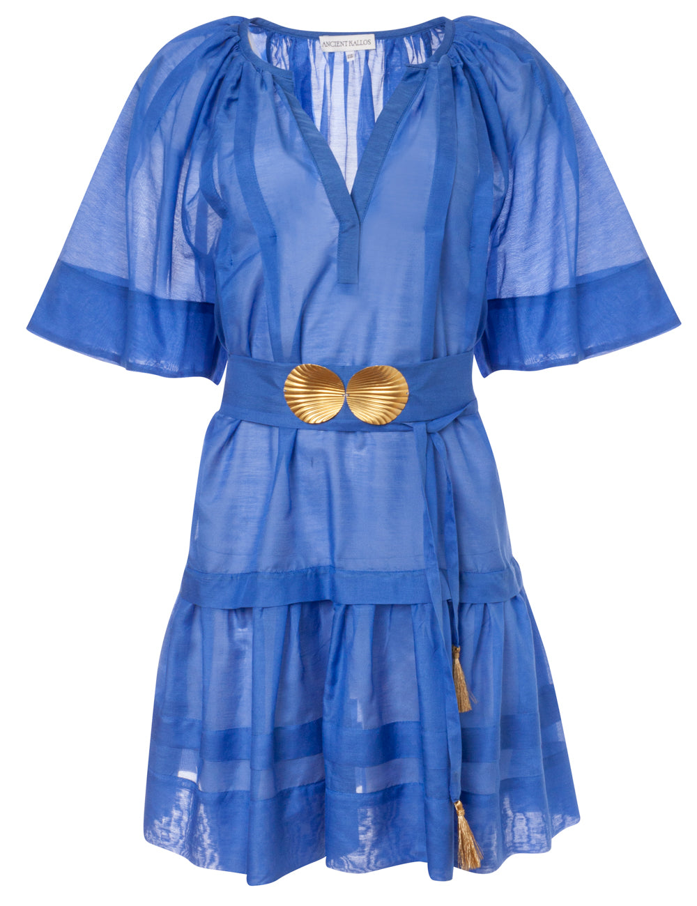 SYROS MINI DRESS WITH GOLDEN SHELL-BUCKLES AND HANDMADE TASSELS