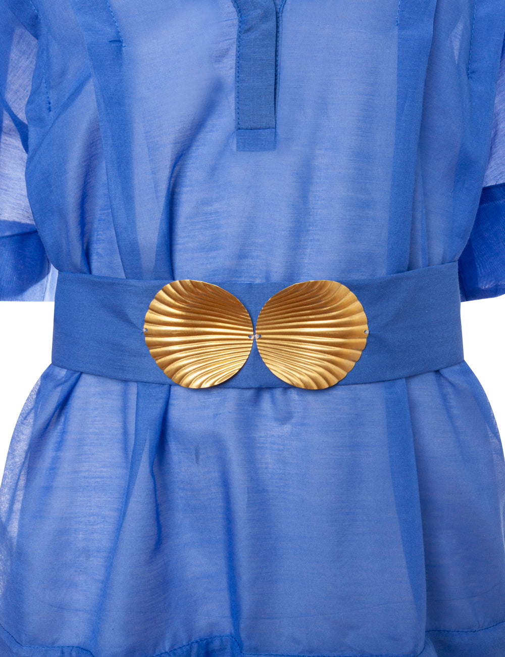 SYROS MINI DRESS WITH GOLDEN SHELL-BUCKLES AND HANDMADE TASSELS