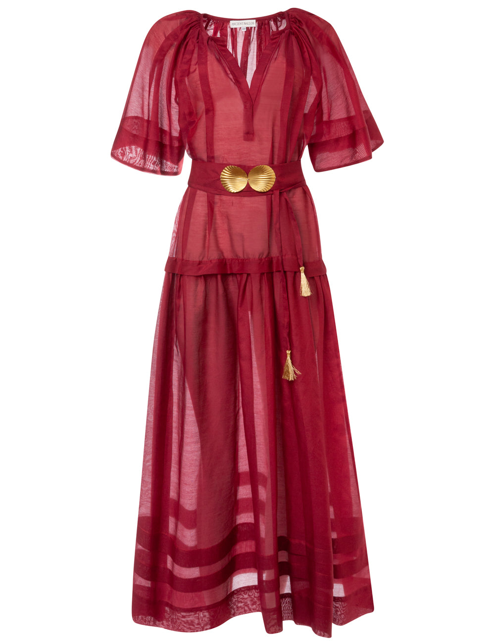 SYROS LONG DRESS WITH GOLDEN SHELL-BUCKLES AND HANDMADE TASSELS