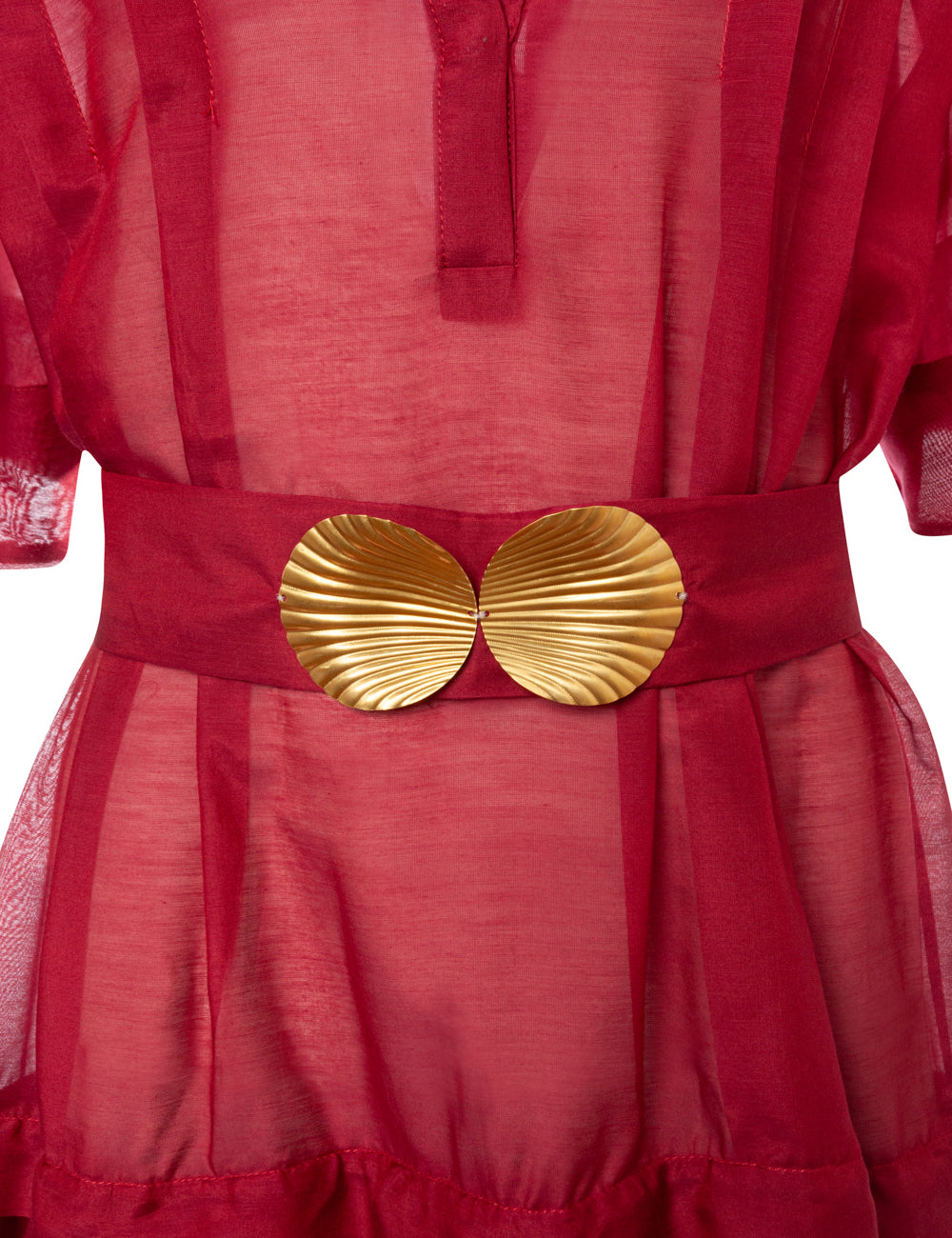SYROS LONG DRESS WITH GOLDEN SHELL-BUCKLES AND HANDMADE TASSELS