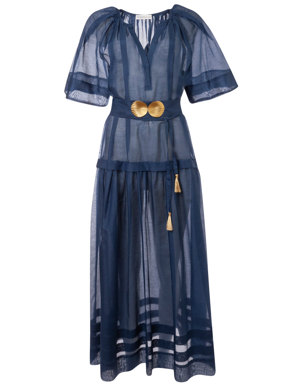 SYROS LONG DRESS WITH GOLDEN SHELL-BUCKLES AND HANDMADE TASSELS