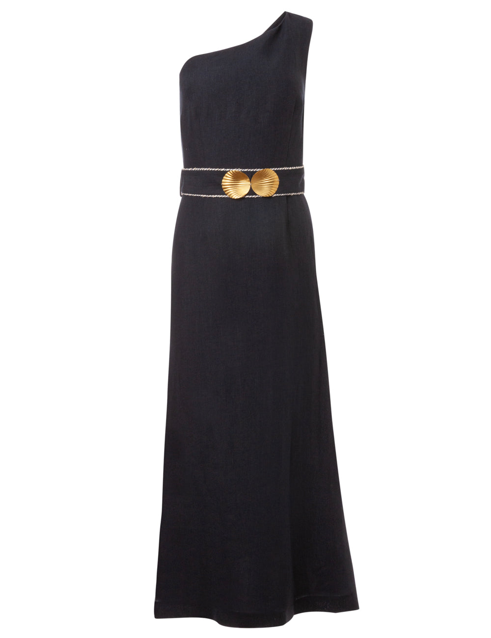 INO LINEN  ONE SHOULDER DRESS WITH GOLDEN SHELL-BUCKLES