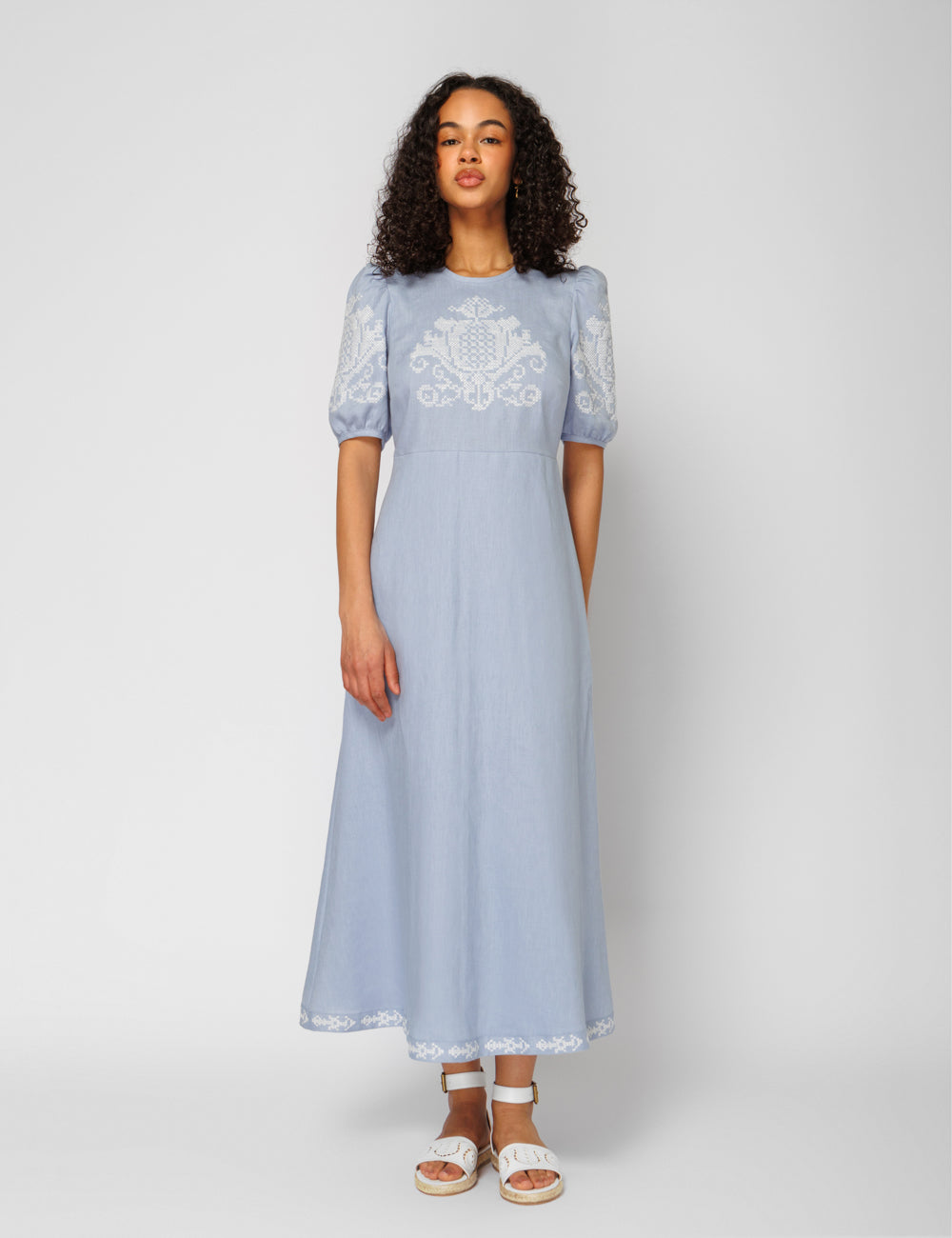 PENELOPE EMBROIDERED PUFF SLEEVE LINEN LONG DRESS - WEB EXCLUSIVE