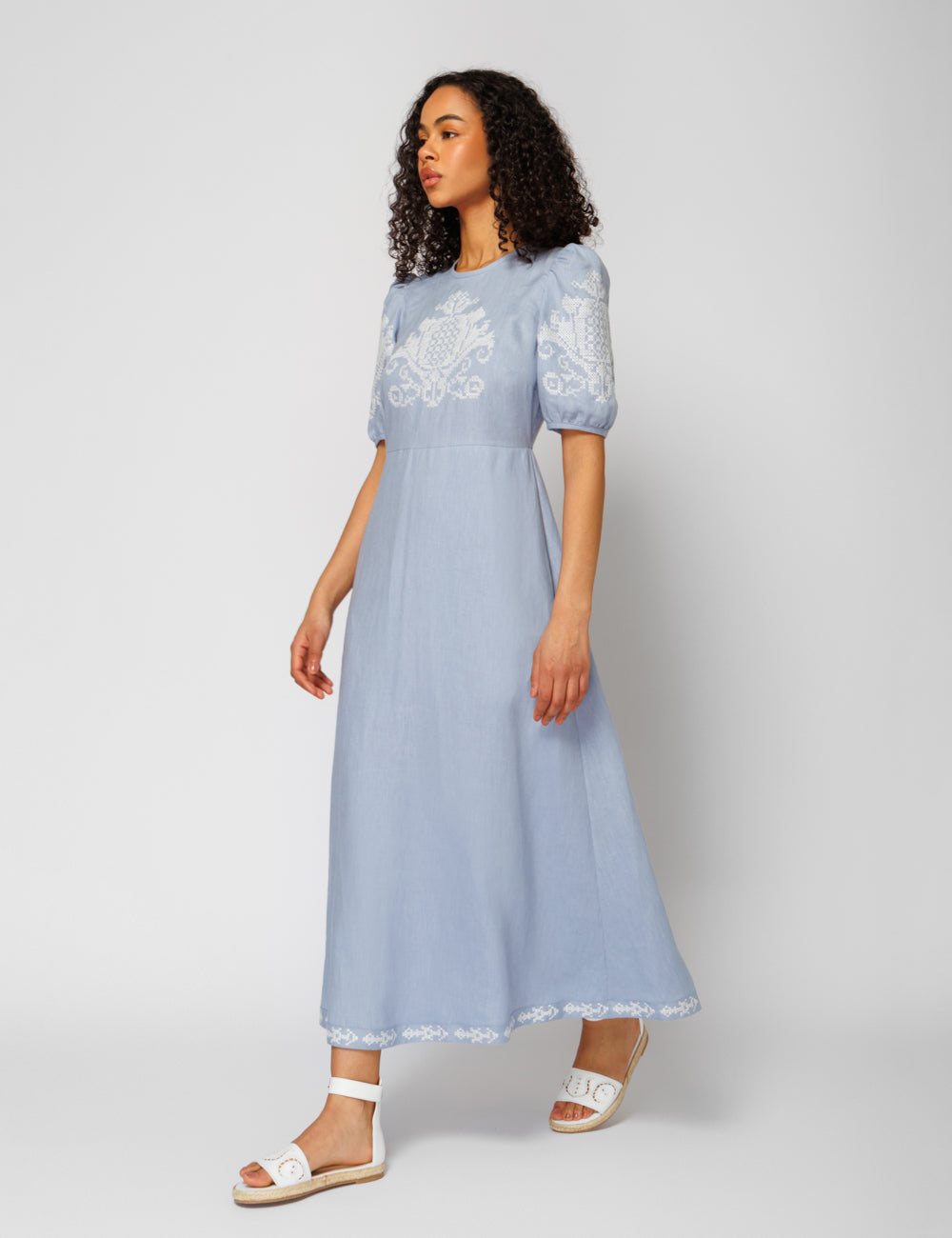 PENELOPE EMBROIDERED PUFF SLEEVE LINEN LONG DRESS - WEB EXCLUSIVE