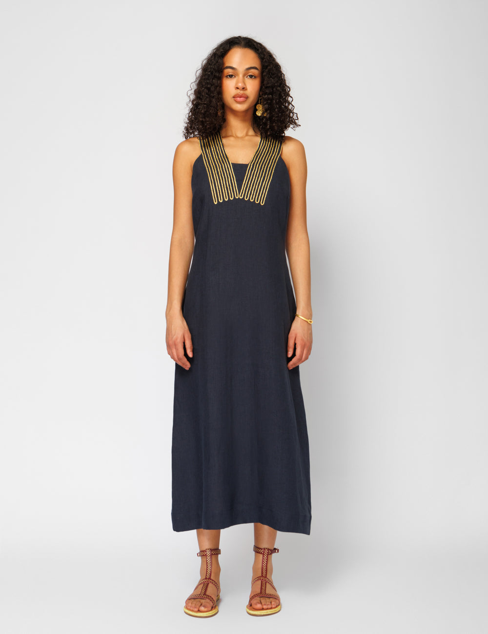 ARIADNI CORD EMBROIDERED LINEN MIDI DRESS - WEB EXCLUSIVE