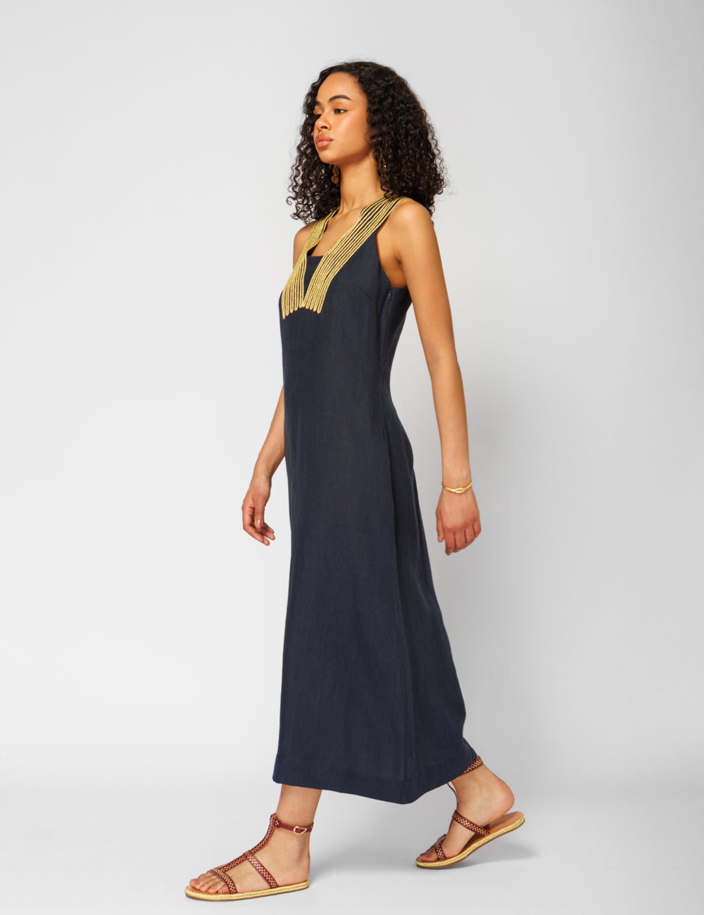 ARIADNI CORD EMBROIDERED LINEN MIDI DRESS - WEB EXCLUSIVE