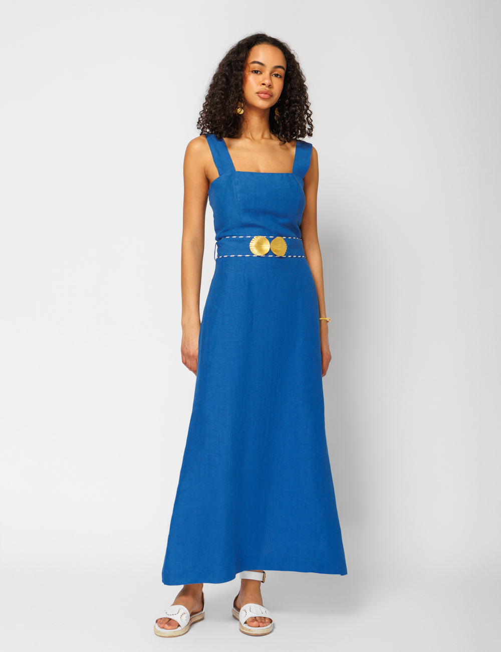NONIKA LINEN MIDI DRESS WITH GOLDEN BUCKLES - WEB EXCLUSIVE
