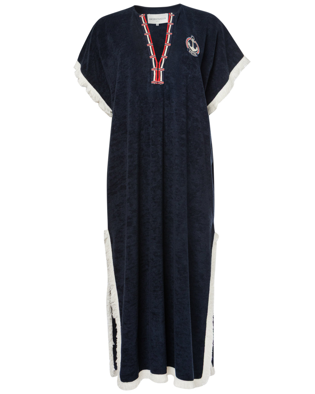 PLOES EMBROIDERED COTTON TERRY LONG KAFTAN WITH FRINGE DETAILS