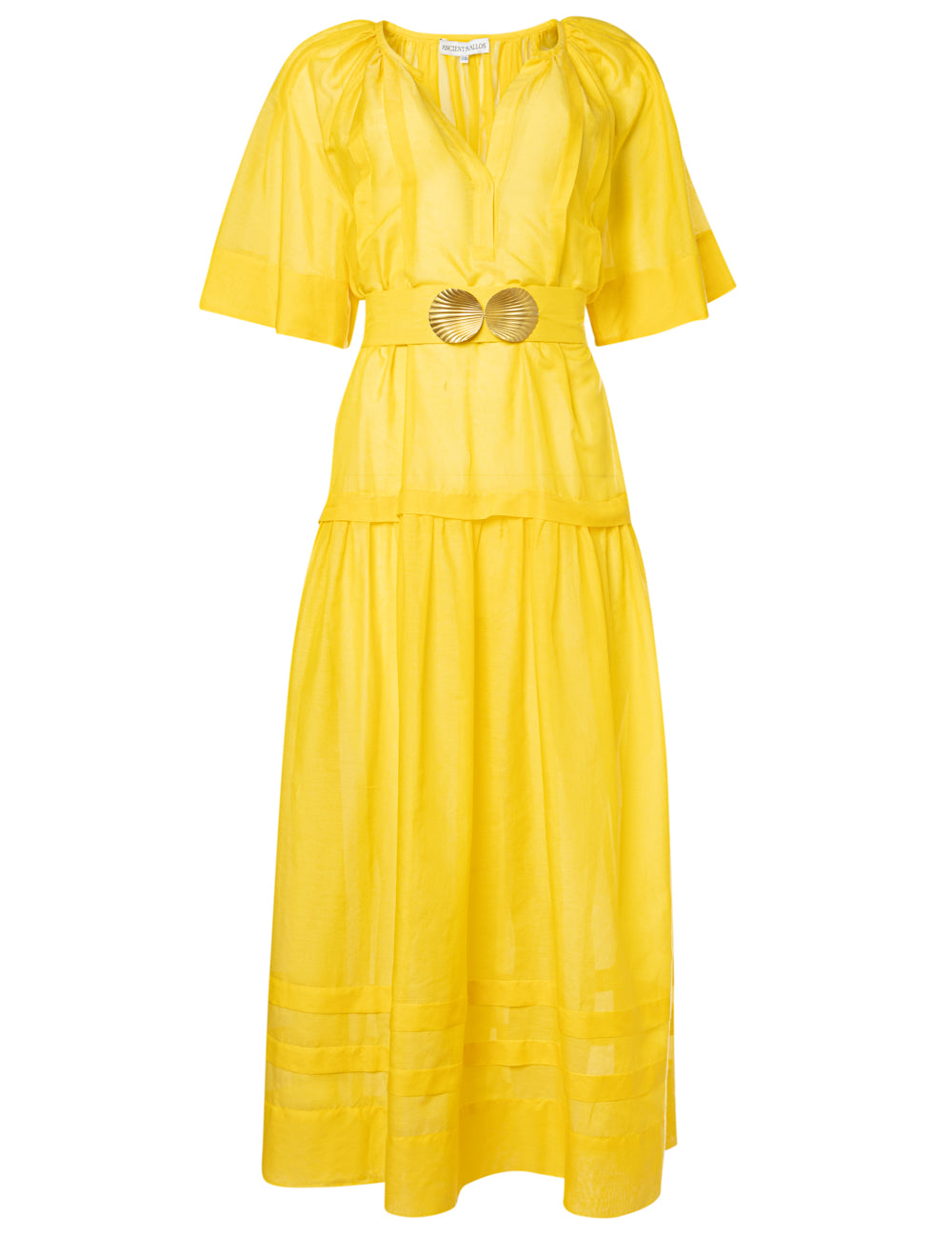SYROS LONG DRESS WITH GOLDEN SHELL-BUCKLES AND HANDMADE TASSELS