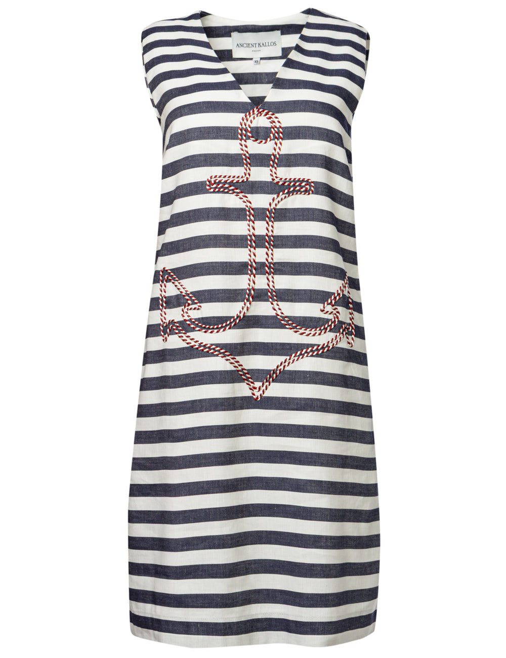 ANCHOR EMBROIDERED STRIPPED COTTON-LINEN DRESS