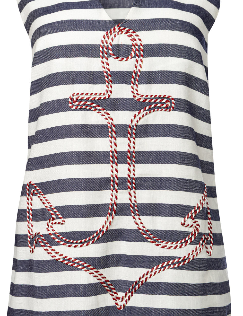 ANCHOR EMBROIDERED STRIPPED COTTON-LINEN DRESS