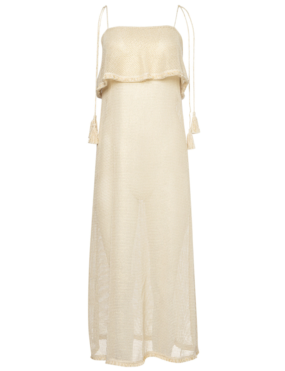 CHRISONISOS LONG NET STRAP DRESS WITH FRINGE DETAILS