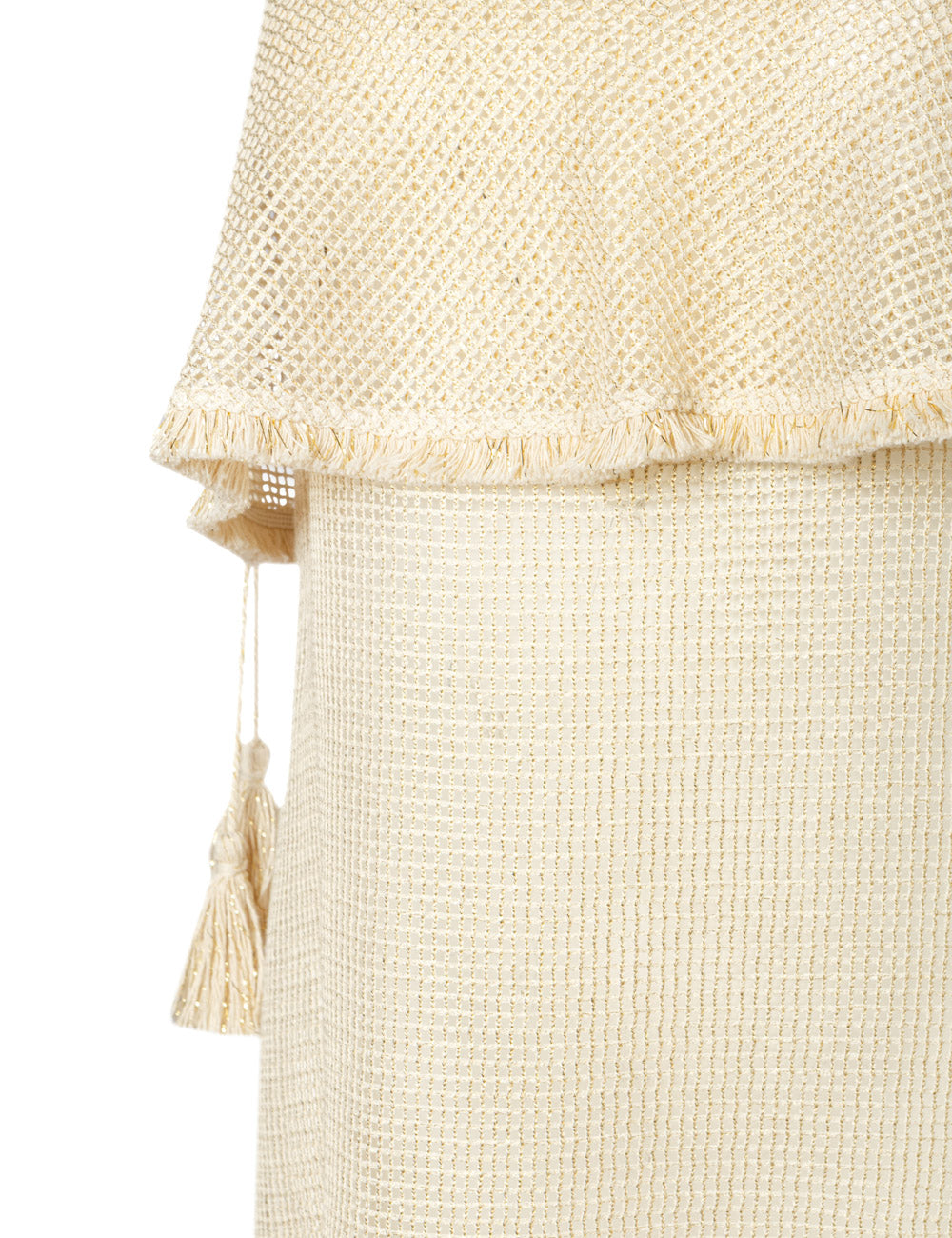 CHRISONISOS LONG NET STRAP DRESS WITH FRINGE DETAILS