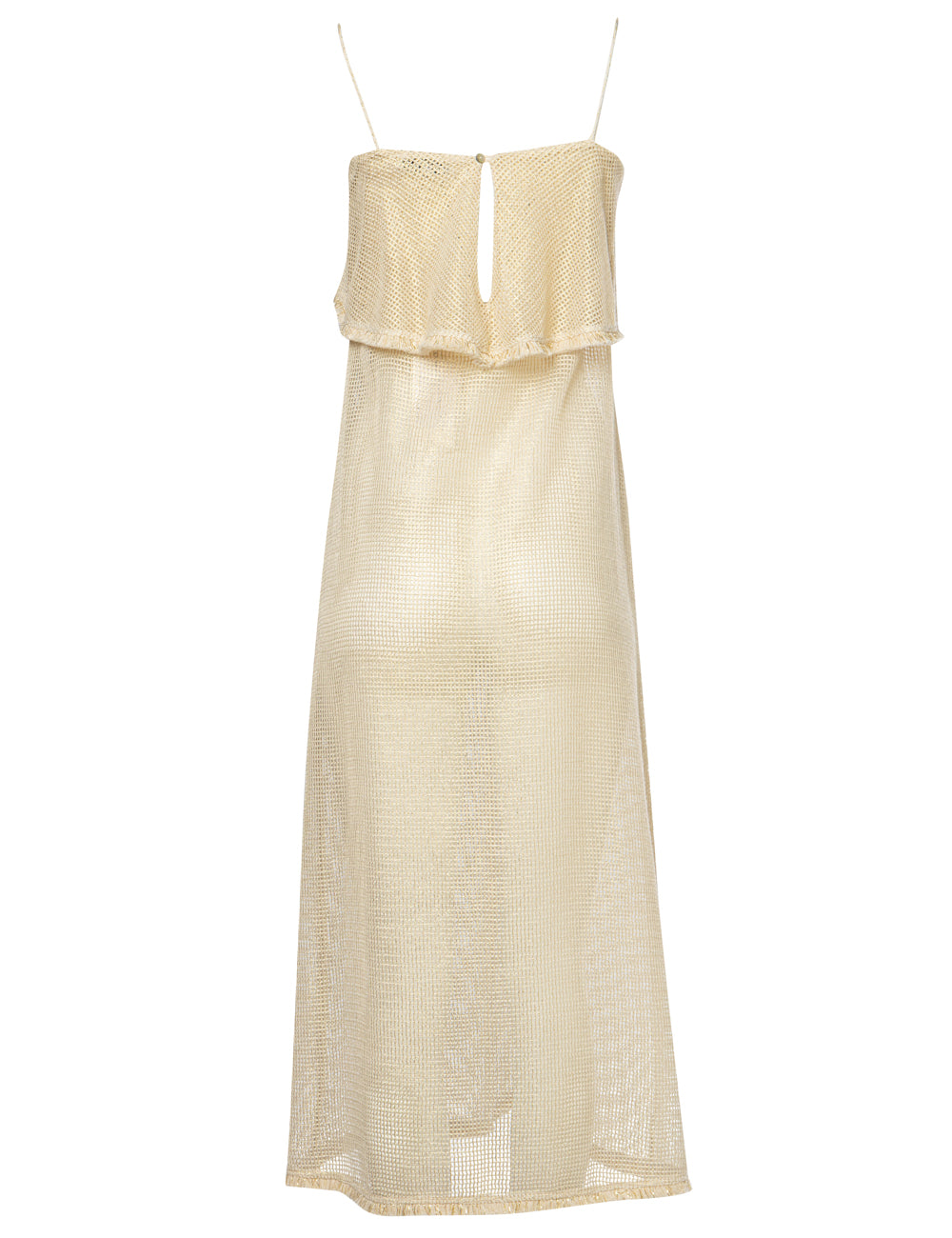 CHRISONISOS LONG NET STRAP DRESS WITH FRINGE DETAILS