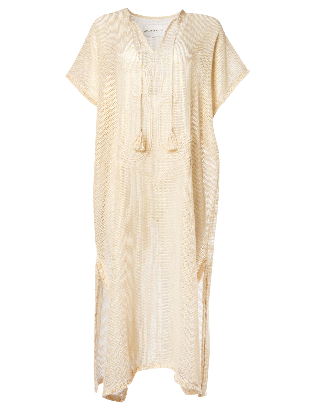 CHRISONISOS NET LONG EMBROIDERED KAFTAN WITH FRINGE DETAILS