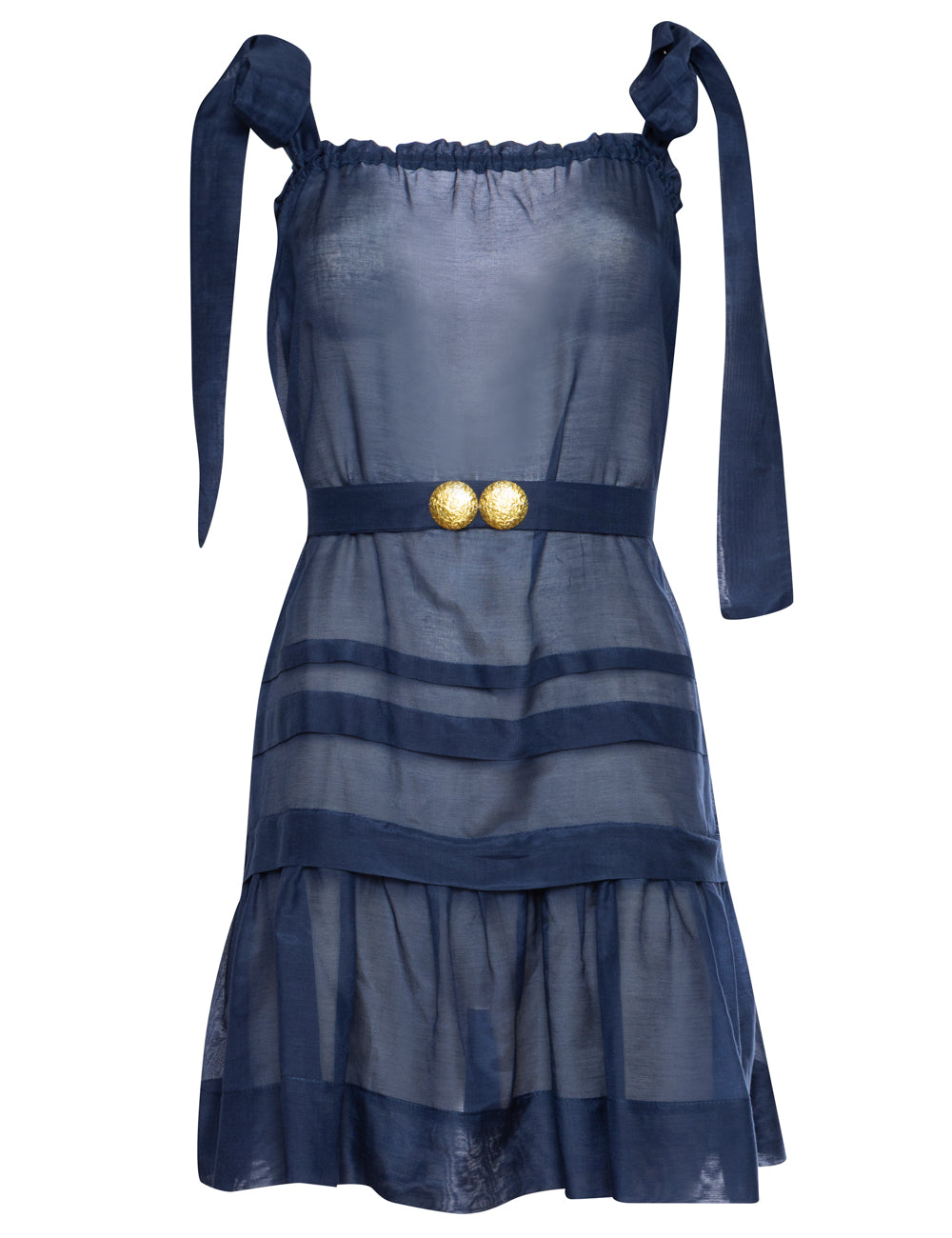 MYKONOS MINI STRAP DRESS WITH GOLDEN BUCKLES AND HANDMADE TASSELS