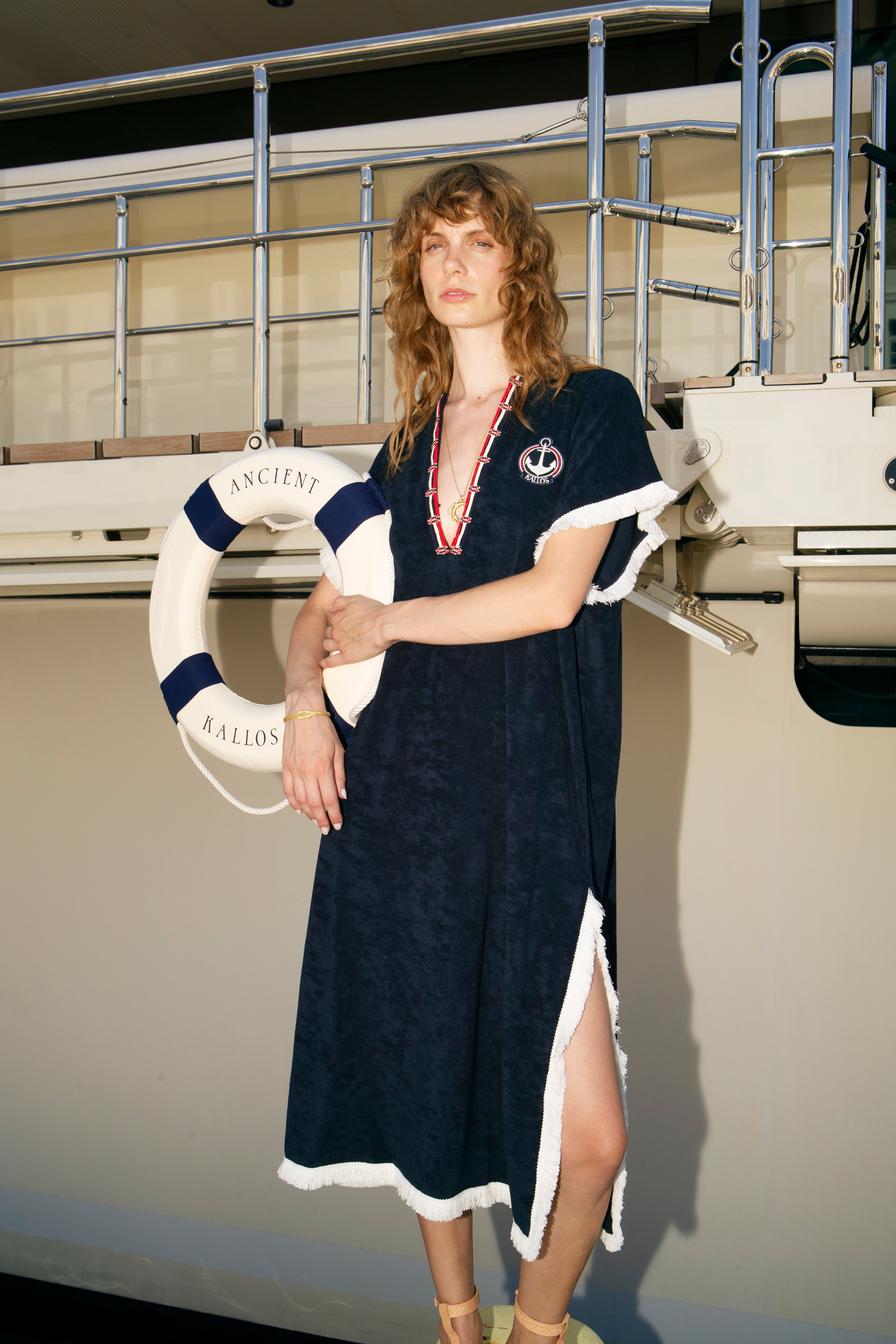 PLOES EMBROIDERED COTTON TERRY LONG KAFTAN WITH FRINGE DETAILS