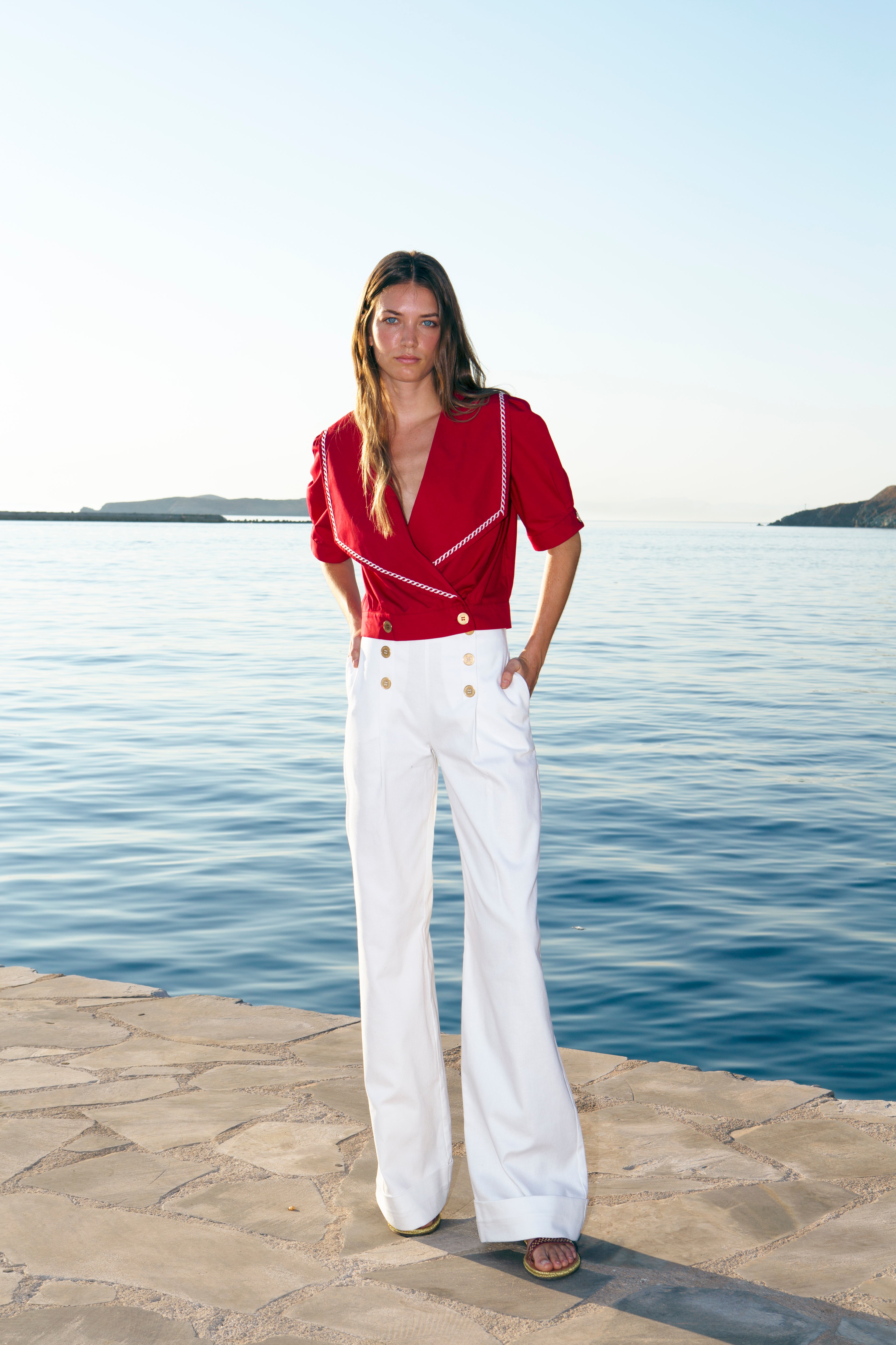 SAILOR HIGH-WAISTED COTTON DENIM TROUSERS